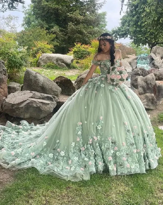 luxury women's suit setsMint Green Princess Quinceanera Dresses Off Shoulder 3D Floral Ball Gown Coset vestido 15 quinceañeras dorado Sweet 16