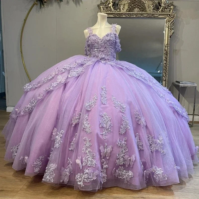 women's suit sets in patternsLavender Sexy Off the Shoulder Ball Gown Quinceanera Dresses Applique Lace Crystal Beading Bow Tull Ribbons Corset Vestido De 15