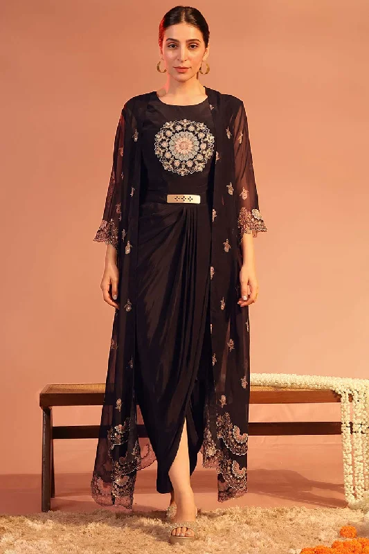 women's suit sets with loose-fitting bodiesBlack Eraya Embellished Drape Dress & Cape Set