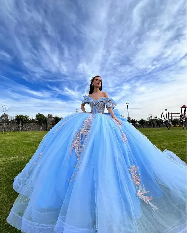 women's suit sets with peak lapelsSky Blue Princess Quinceanera Dresses Ruffles Peplum Off Shoulder Floral Applique Corset