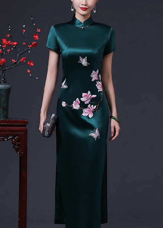 Mother-of-the-bride dressesFrench Blackish Green Print Side Open Silk Long Dresses Summer