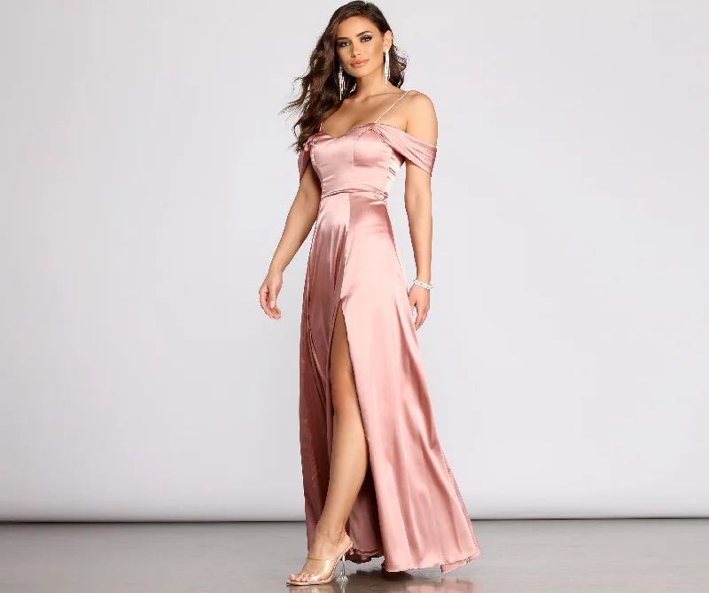 V-neck dresses for womenCassia Lace-Up Back Charming Off Shoulder Satin Dress