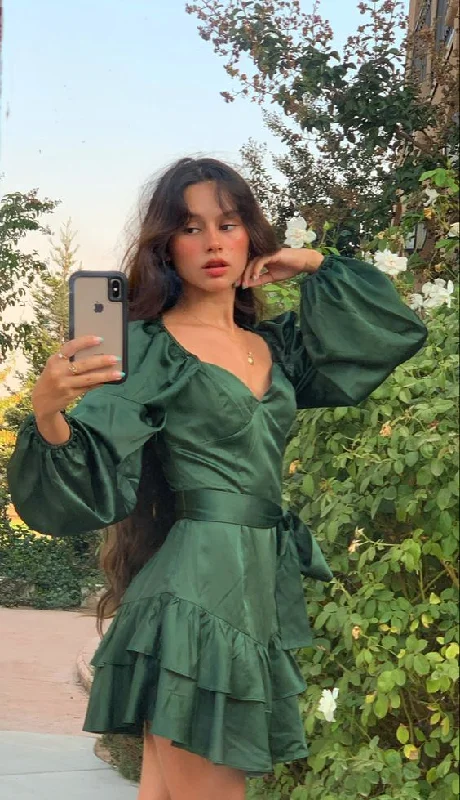 Winter dresses for cold weatherGreen A-line Long Sleeves Homecoming Dress,Green Casual Dress Y4070