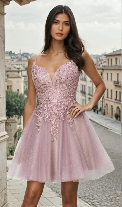 women's suit sets with ventless backsCorset-Back Short Glitter Homecoming Dress 5125J