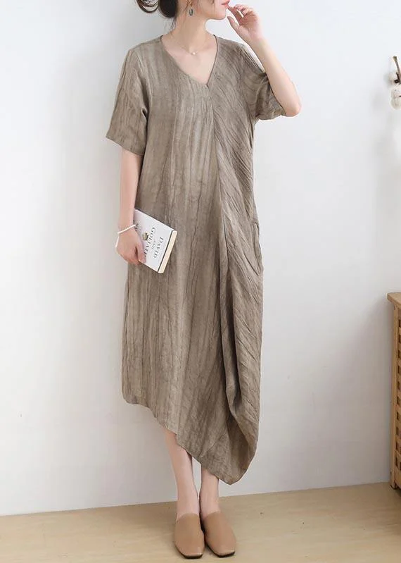 Striped dresses for womenDiy Khaki asymmetrical design V Neck Long Summer Linen Dress