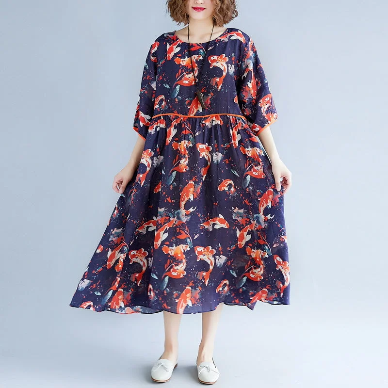 Wrap dresses for womenfine print holiday dress o neck long dress Extra large hem holiday dress