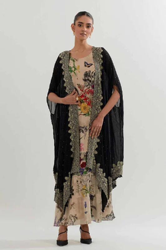 women's suit sets with pocketsEmbroidered Cape & Botanical Printed Dress Set