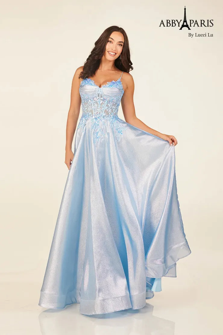 Little red dresses (LRDs) for womenAbby Paris 90290 Size 18 Blue Sheer Sequin Lace Corset Prom Dress Metallic A Line Formal Gown