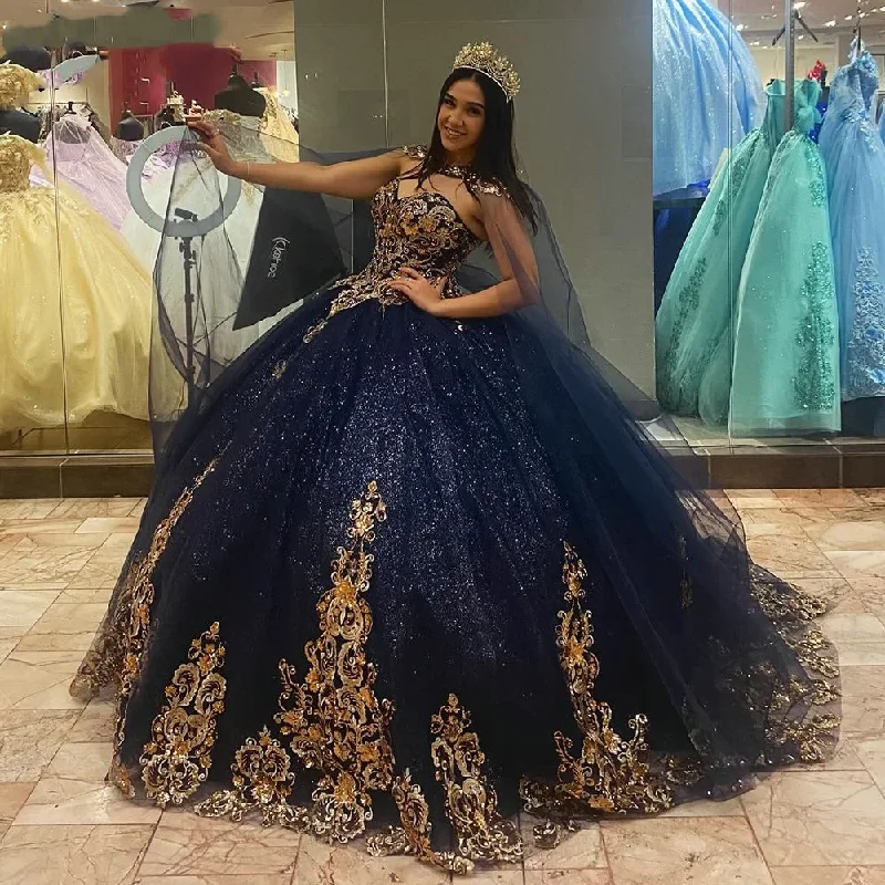women's suit sets with matching blousesBlue Quincenara Dress 3D Flowers Applique Lace Ball Gown With Cape Corset Sweet 16 Vestidos De XV Años