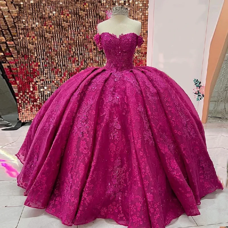 women's two-piece suit setsFuchsia Quinceanera Dresses Mexican Sweetheart Puffy lace-up corset Off Shoulder Applique Luxury princess Vestidos De XV Anos
