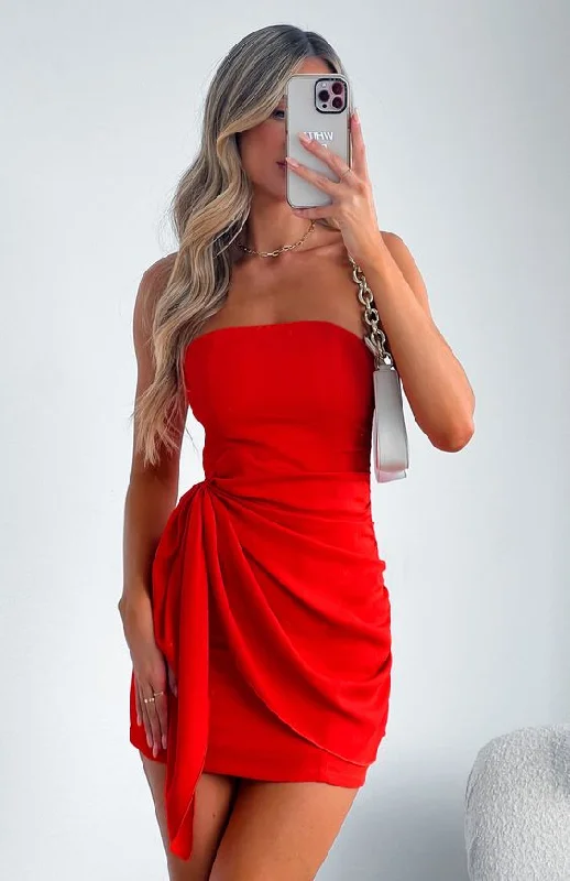 Solid color dresses for womenRed Strapless Homecoming Dress,Red Cocktail Dress Y2914