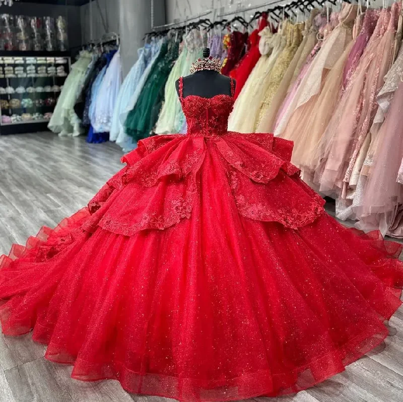 women's suit sets with hidden zippersRed Sparkly Princess Quinceanera Dresses Floral Applique Boning Corset