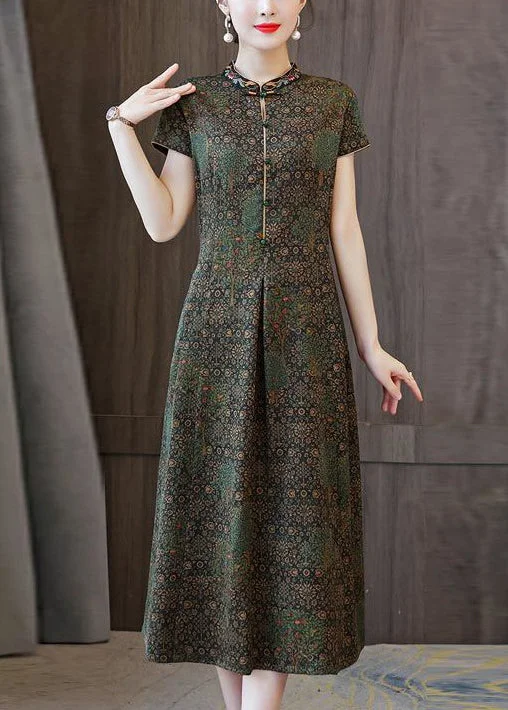 Synthetic dresses for budget-friendly optionsGreen Pockets Long Dresses Stand Collar Short Sleeve