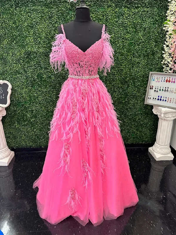 Lace dresses for womenAshley Lauren 11447 Size 4 Pink Long off the shoulder Feather Ball Gown Prom Dress Lace Corset Formal
