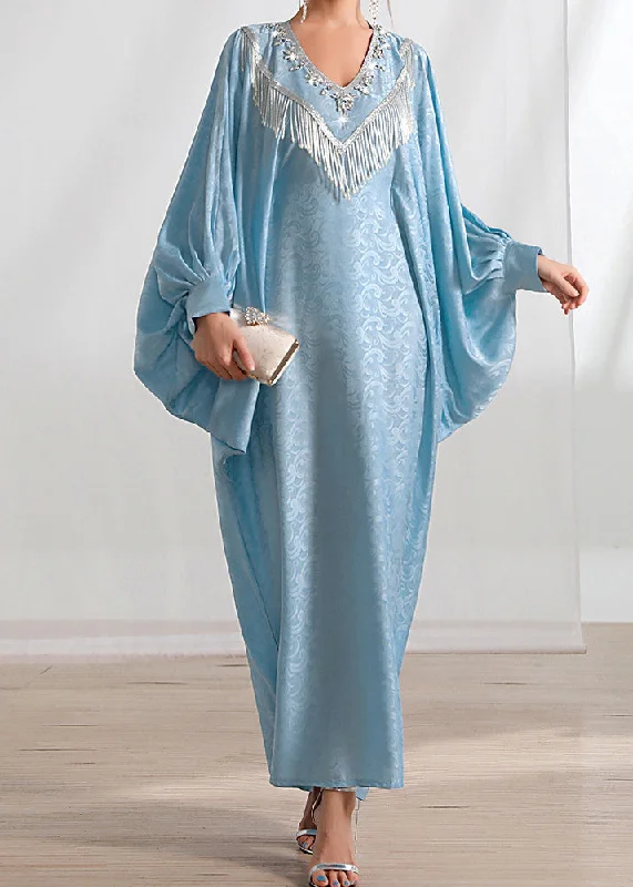 Festival dresses for music and arts eventsLoose Light Blue Tasseled Zircon Silk Long Dresses Batwing Sleeve