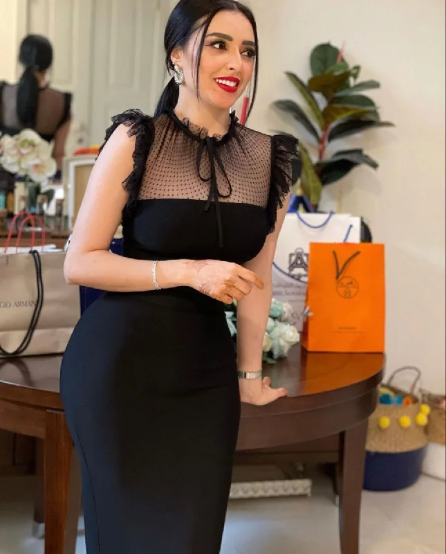 Ruched dresses for womenBlack Mermaid High Neck Bodycon Dress,Short Evening Dress  Y5066