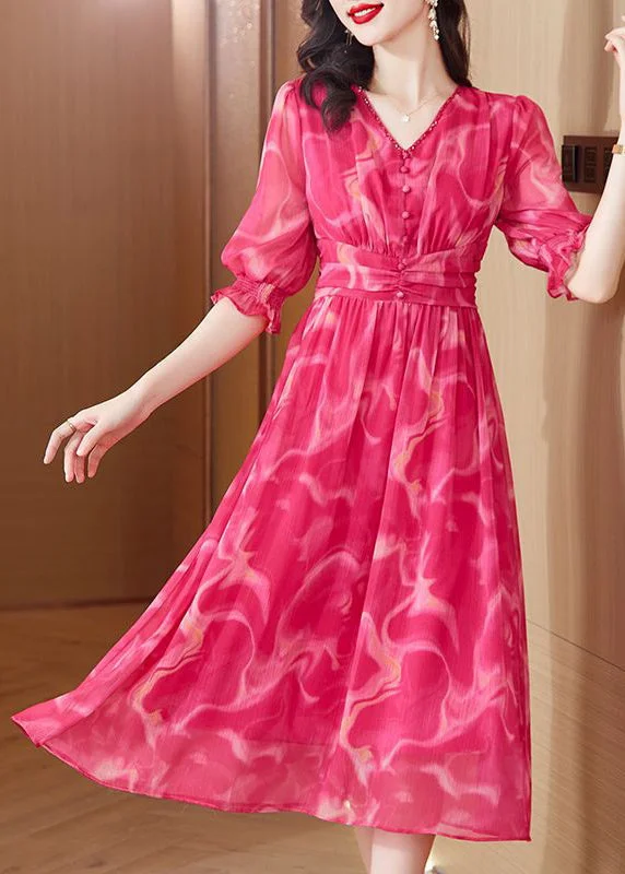 Velvet dresses for womenNew Red V Neck Print Elastic Waist Chiffon Long Dress Summer