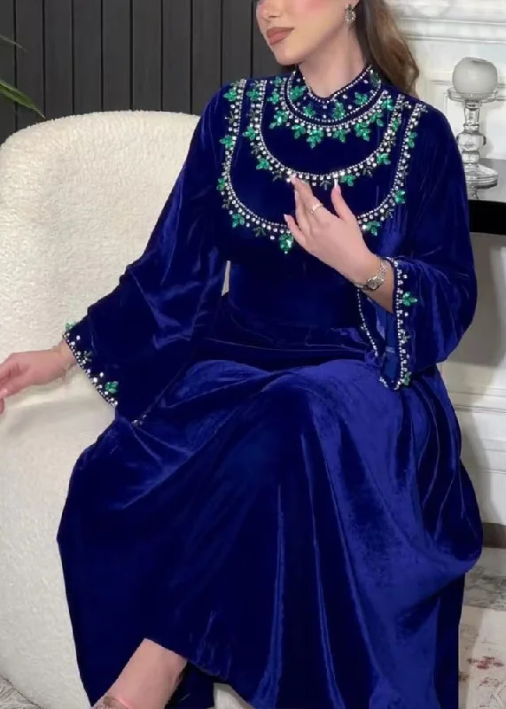 Gym wear dresses for athletic activitiesElegant Blue Zippered Zircon Silk Velvet Long Dress Long Sleeve