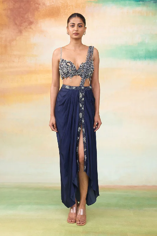 women's suit sets with double-breasted jacketsBlue Tiana Embroidered Pre-Draped Saree Set