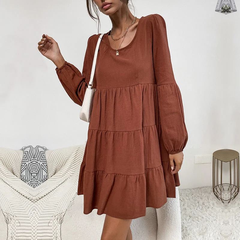 Sack dresses for womenIKEARLAX New Cross-border Women's Clothing New New 2025 Hot Trade Cake Folded Skirt Long Sleeve Loose Cotton and Linen Dress