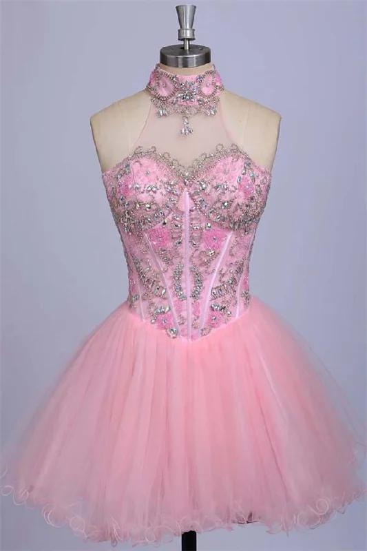 Batwing sleeve dresses for womenHalter Beaded Cute Classy Tulle Homecoming Dresses K190