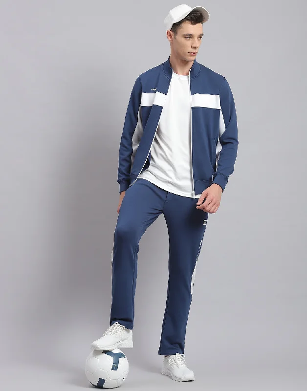 men's compression shirtsMen Blue Solid Stand Collar Full Sleeve Tracksuit