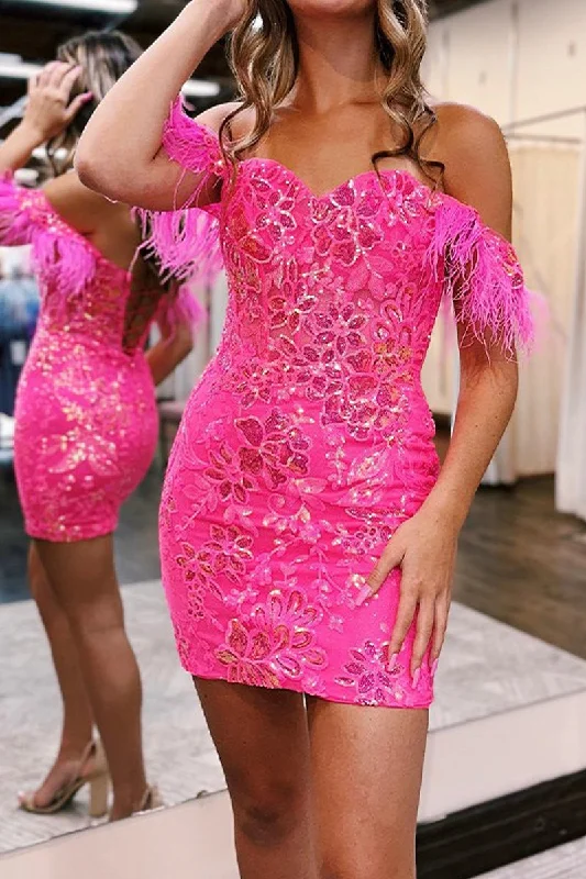 Ruched dresses for womenSelena | Bodycon Lace Feathers Off-the-Shoulder Short with Sequin Appliques Homecoming Dresses