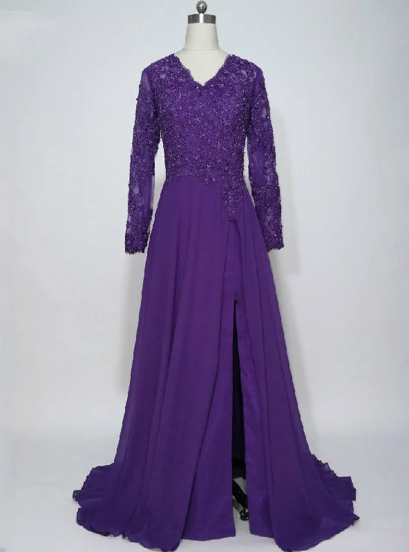 Cap sleeve dresses for womenPurple Chiffon Long Sleeves Appliques Mother of the Bride Dresses
