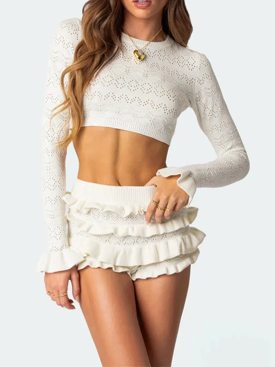 Embellished women's topsKnitted Crop Top & Ruffled Shorts Two Piece Set