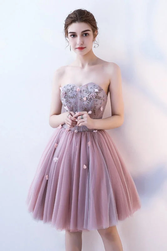 Statement dresses for making a fashion statementA-Line Strapless Flowers Short Tulle Homecoming Dresses,Cocktail Dress OKC64