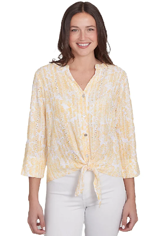 Striped women's topsPetite Marigold Making Waves Hibiscus Gauze Shirt