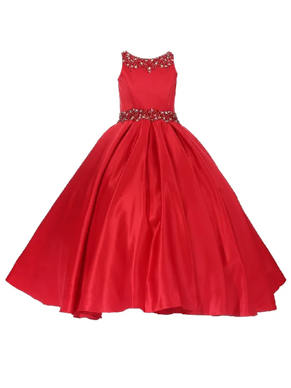 High-neck dresses for womenBig Girls Red Shimmery Beaded Pleated Dull Satin Junior Bridesmaid Dress 8-16