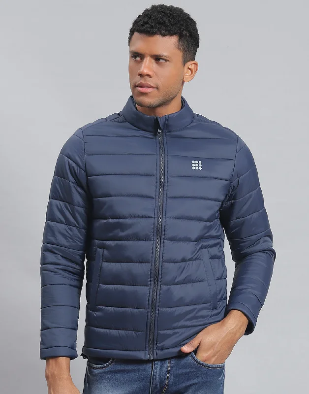 men's Norfolk jackets for country wearMen Navy Blue Solid Stand Collar Full Sleeve Jacket