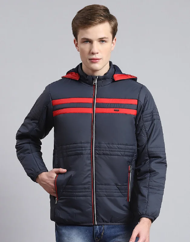 men's distressed denim jacketsMen Navy Blue Solid Hooded Full Sleeve Jacket