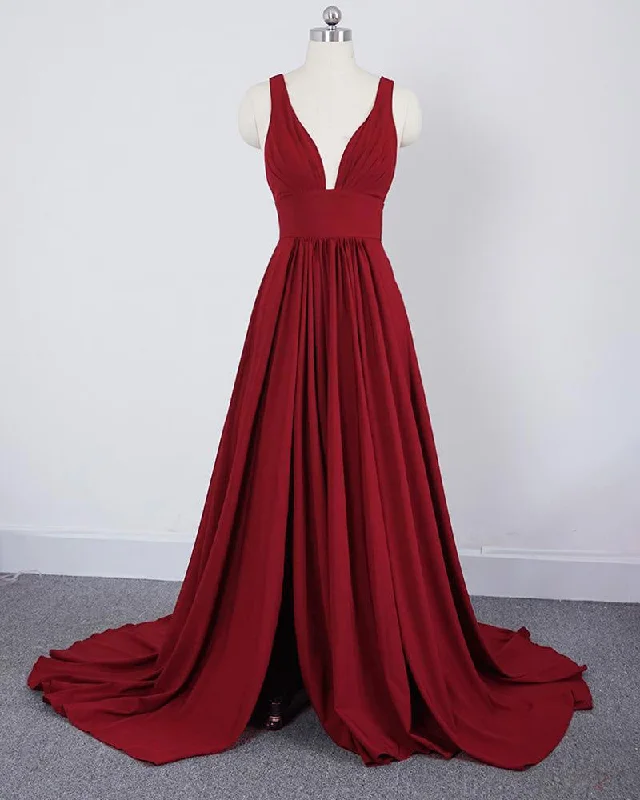 Linen dresses for summerRed /Pink Sexy Deep V Neck  Long Bridesmaid Dress with Straps Women Wedding Party Gown BL214