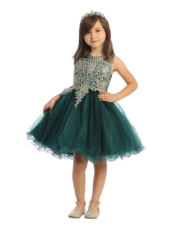 Round-neck dresses for womenBig Girls Emerald Green Gold Lace Wired Tulle Junior Bridesmaid Dress 8-18