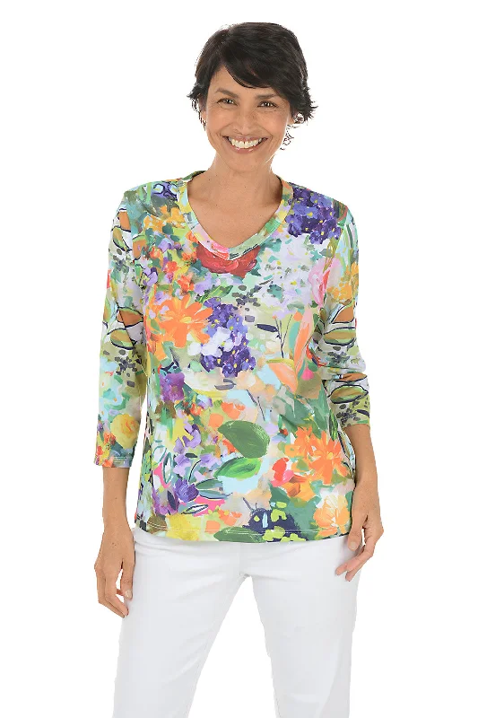 Local artisan women's topsPeonies V-Neck 3/4 Sleeve Top