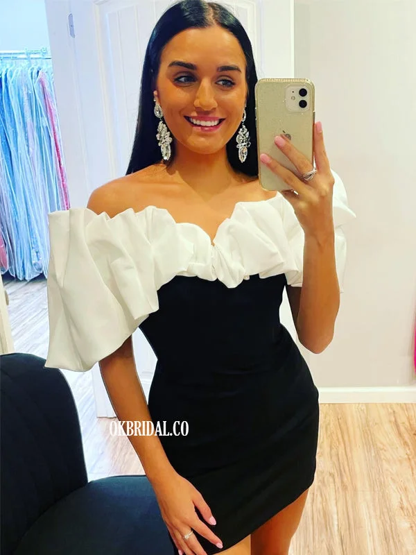 Elegant women's dressesElegant Black and White Off Shoulder Mermaid Backless Homecoming Dress, FC7004