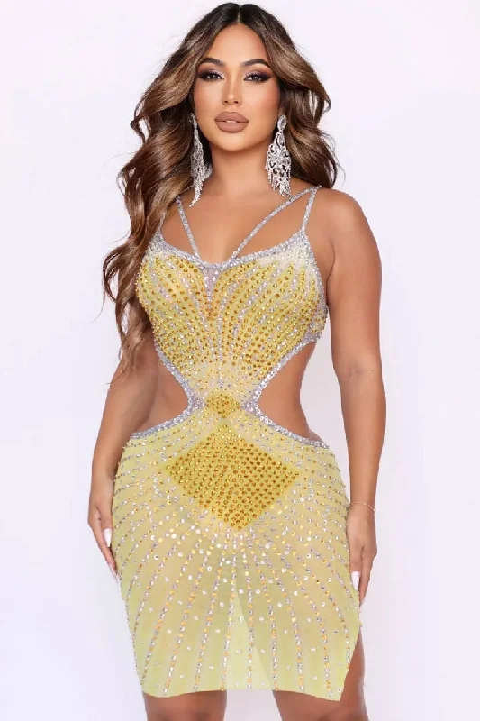 Satin dresses for womenSparkly Rhinestone V Neck Sheer Mesh Cutout Party Mini Dress - Yellow
