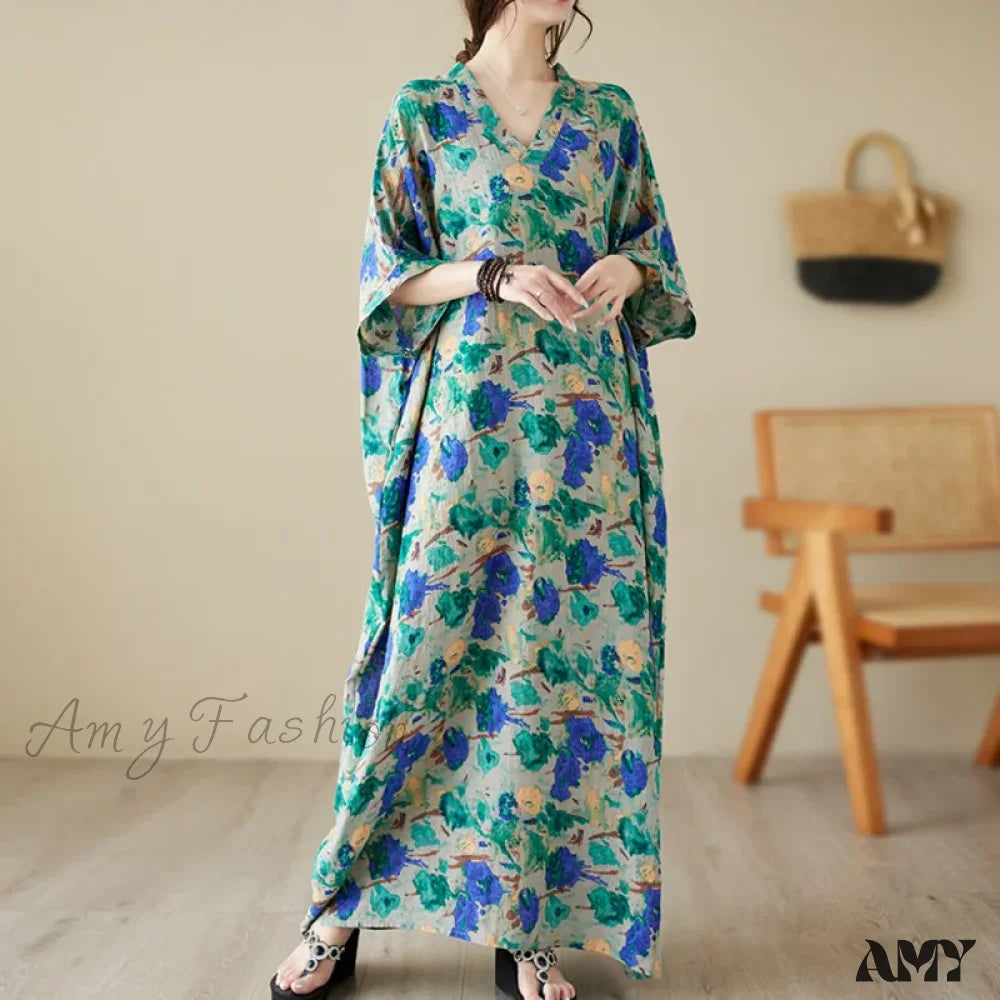 Long-sleeved dresses for womenAmy Fashion - Green Red Cotton Linen Print Batwing Sleeve Retro Boho Dress