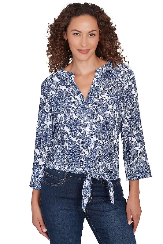 Animal print women's topsPetite Blue Making Waves Hibiscus Gauze Shirt