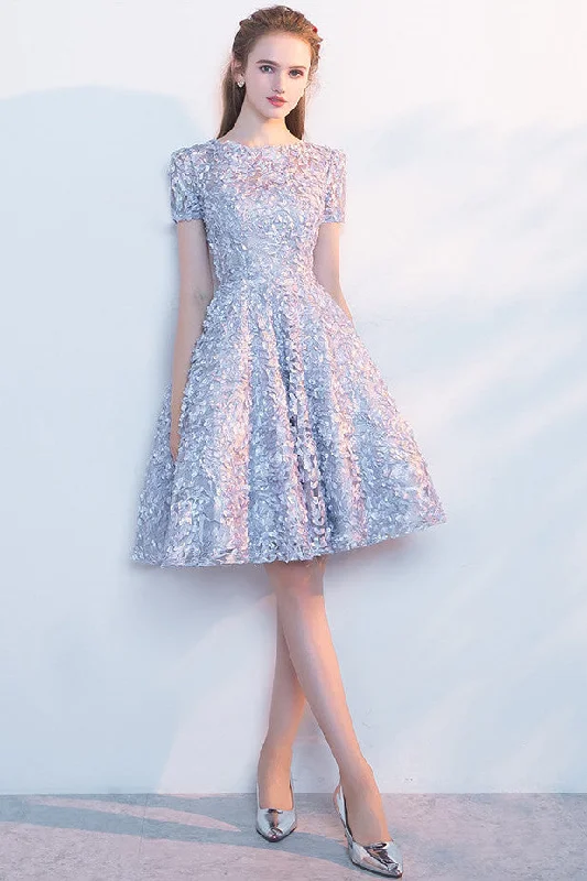 Plus-size dresses for womenElegant Lace A-Line Short Light Blue Homecoming Dresses OKC95