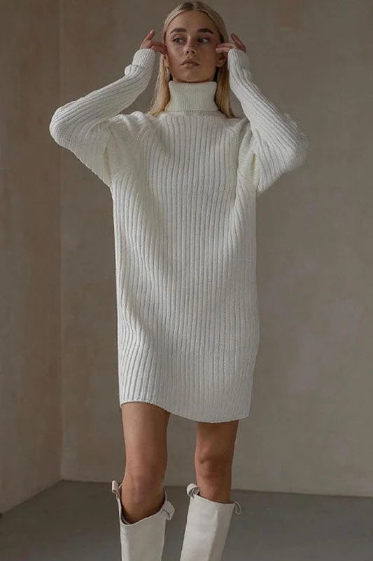 Loose-fitting dresses for womenChic Turtleneck Long Sleeve Chunky Ribbed Knit Winter Sweater Mini Dress - White