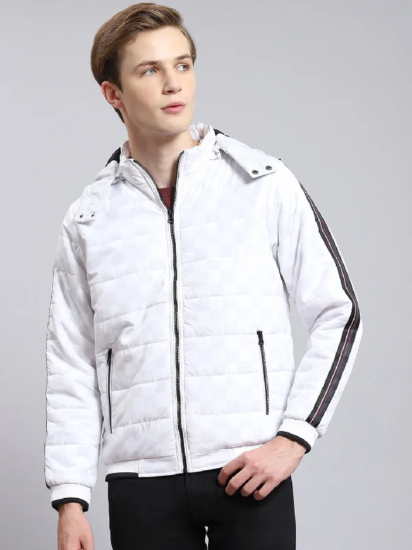 men's car coatsMen White Solid Hooded Full Sleeve Jacket