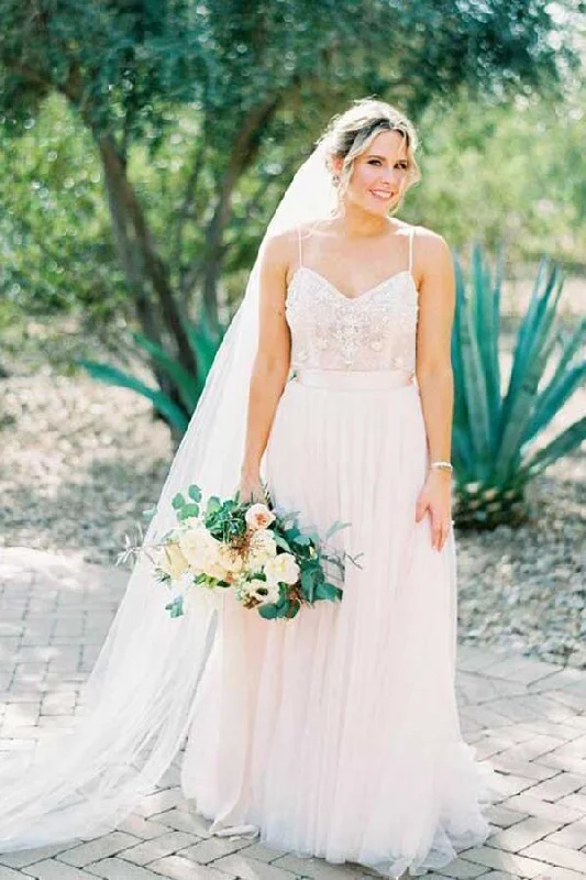 V-neck dresses for womenRoycebridal Ivory Tulle Beaded Spaghetti Straps Wedding Dress, A-line Wedding Gowns, MW729