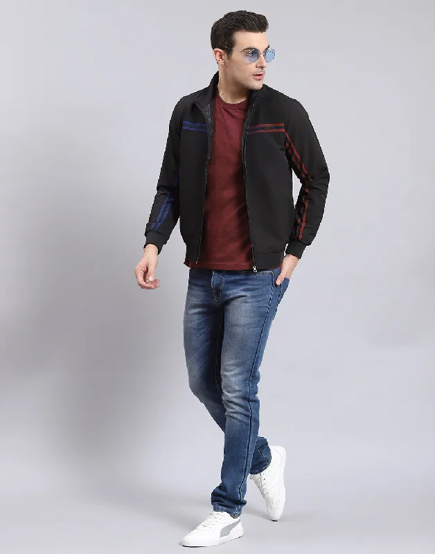 men's parkas with zippered pocketsMen Black Solid Stand Collar Full Sleeve Jacket