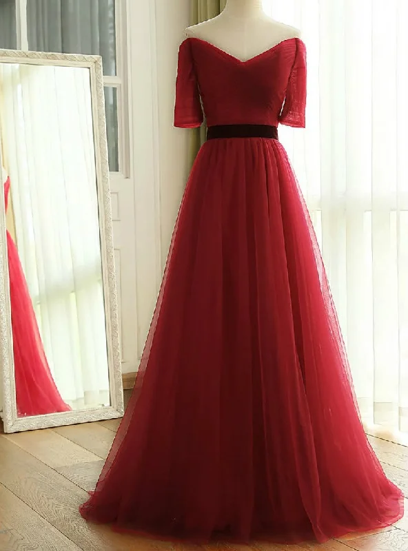 One-shoulder dresses for womenNew Wine Red Long Floor Length Off The Shoulder Ruched Tulle Bridesmaid Dresses