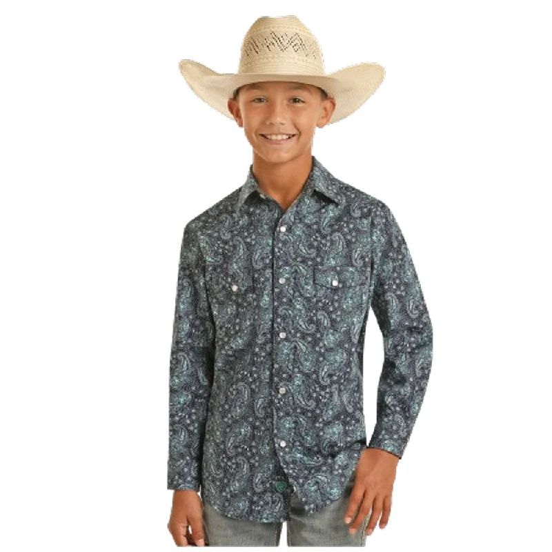 Breathable women's topsBBN2S03924 Rock & Roll Boys' Long Sleeve Blue Paisley Snap Shirt
