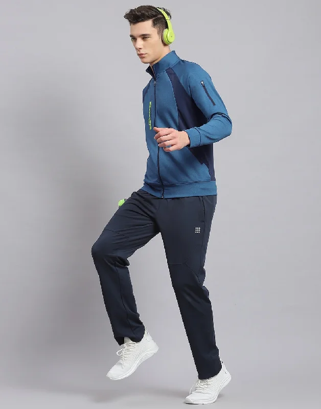 men's sports shirts with zippersMen Blue Solid Stand Collar Full Sleeve Tracksuit