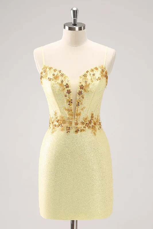 Low-cut dresses for womenSparkly Yellow Bodycon Corset Short Homecoming Dress with Beading